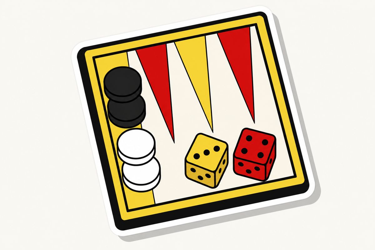 Gezeichnete Ecke eines Backgammon-Bretts mit roten und gelben Zungen, schwarzen und weißen Steinen und zwei Würfeln
