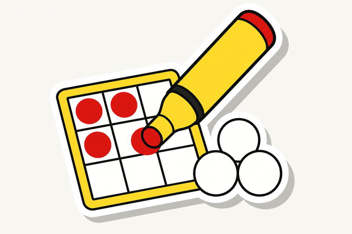 Gezeichneter Bingo-Marker, der rote Punkte auf ein leeres Raster setzt, daneben drei weiße Kugeln