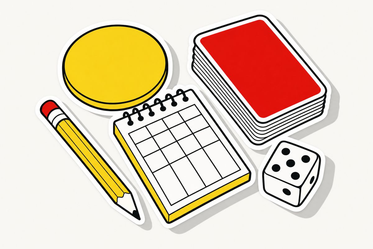 Gezeichneter Kartentisch von oben: Bierdeckel, Bleistift, leerer Spielblock, verdeckter Kartenstapel und ein Würfel