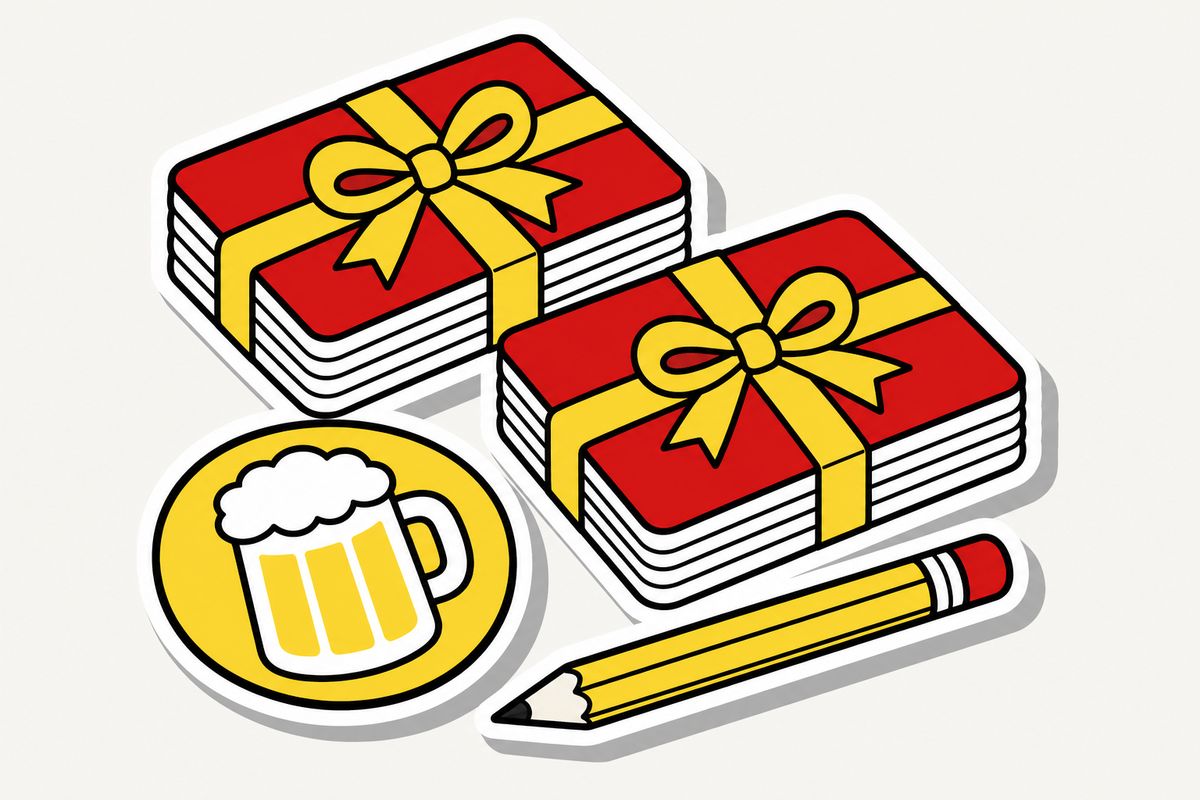 Gezeichnete Kartenstapel mit gelber Schleife, ein Bierdeckel und ein Bleistift