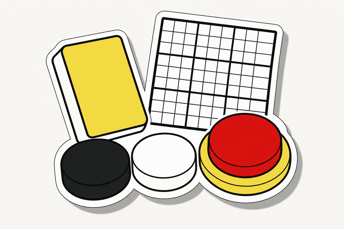 Gezeichnete Spielsteine: ein Mahjong-Stein von hinten, ein schwarzer und ein weißer Backgammon-Stein, ein roter Buzzer und ein leeres Sudoku-Gitter