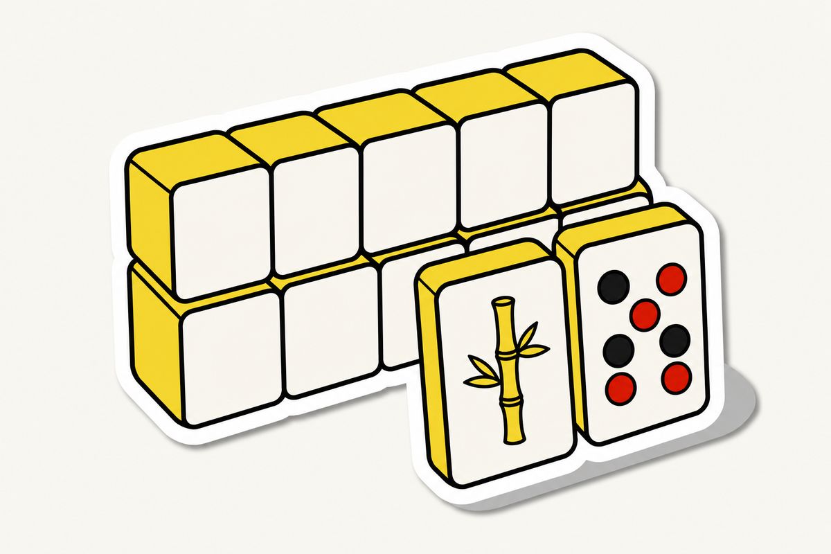 Gezeichnete Mauer aus Mahjong-Steinen, zwei aufrecht mit Bambus und Punkten