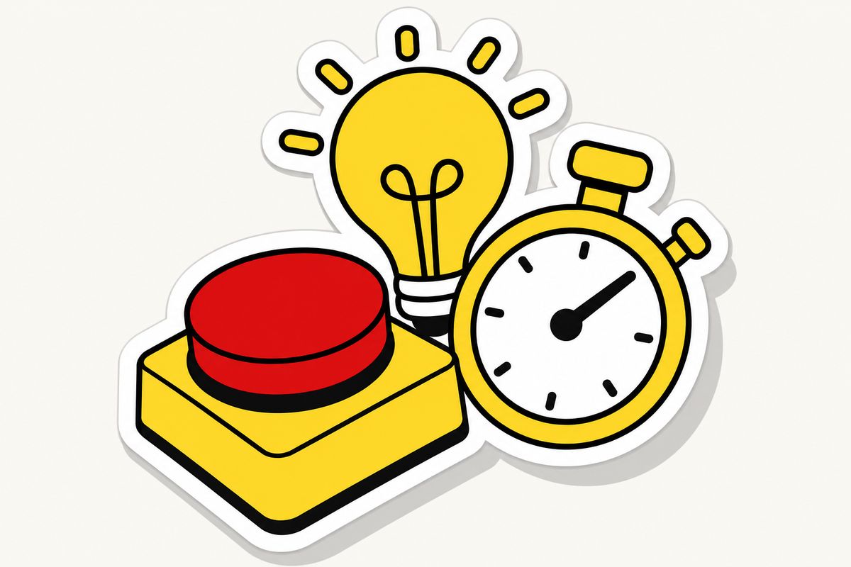 Gezeichneter roter Buzzer, Glühbirne und Stoppuhr