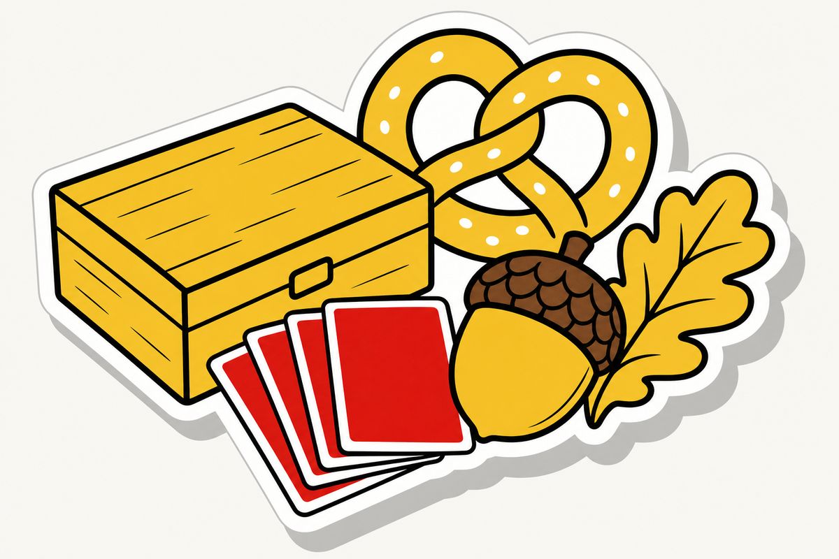 Gezeichnete Szene vom Kartenabend: geschlossene Holzkiste, Brezel, Eichel mit Eichenblatt und verdeckte Spielkarten