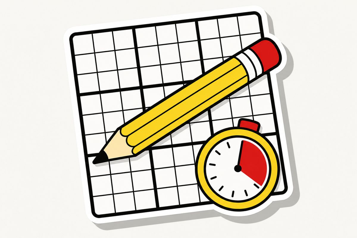 Gezeichnetes leeres Sudoku-Gitter mit Bleistift und Stoppuhr